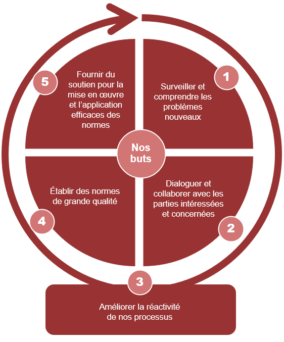 Graphique illustrant chacun des cinq objectifs du C N A C : le premier objectif est de surveiller et comprendre les problèmes nouveaux; le deuxième est de dialoguer et collaborer avec les parties intéressées et concernées; le troisième est d’améliorer la réactivité des processus; le quatrième est d’établir des normes de grande qualité; et le cinquième est de fournir du soutien pour la mise en œuvre et l’application efficaces des normes.