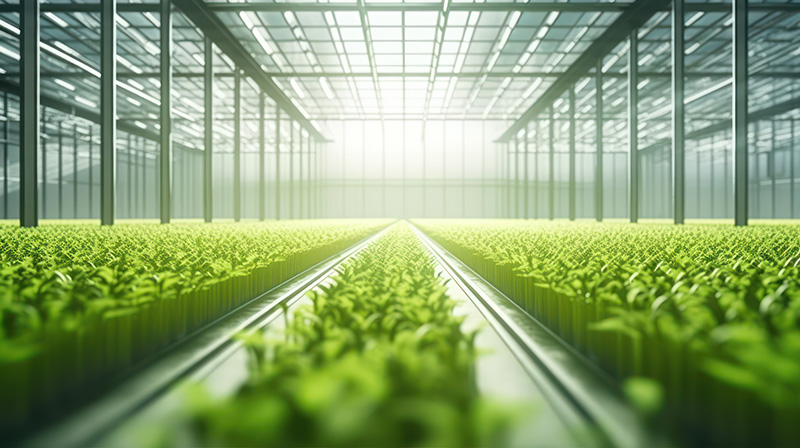 Long row of plants in a glass greenhouse with sun shining in