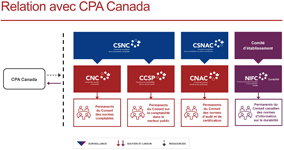 Ce diagramme décrit la relation entre les conseils canadiens de normalisation et de surveillance de la normalisation en information financière et en certification et Comptables professionnels agréés du Canada.
